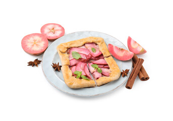 Delicious apple galette with mint and ingredients isolated on white