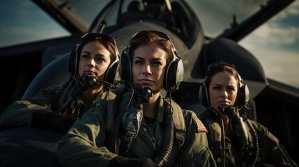 Portrait of three female pilots, military jet fighter