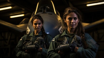 Portrait of three female pilots, military jet fighter