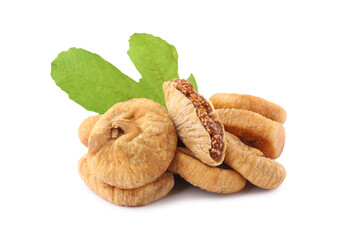 Tasty dried figs and green leaf isolated on white