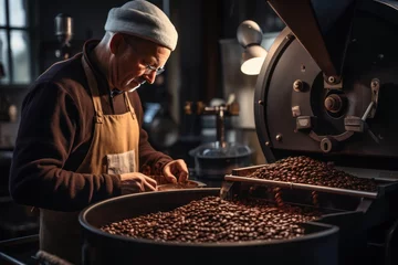Poster Process roasting coffee beans, worker use tablet for checks quality on professional mixing roaster machine © sirisakboakaew