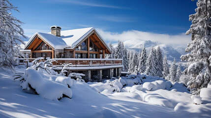 chalet under the snow at a winter resort, mountains, house, architecture, hotel, travel, new year, christmas, postcard, nature, cold, ski season, beauty, landscape, wooden building, roof, windows