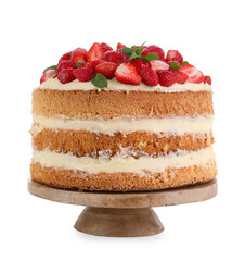 Tasty cake with fresh strawberries and mint isolated on white