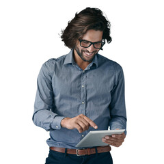 Tablet, search and happy business man with social media on isolated, transparent or png background....