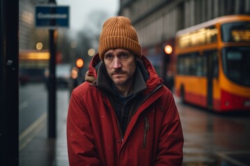 young handsome hipster man with beard in red down jacket and hat in the city of london happy and relaxed