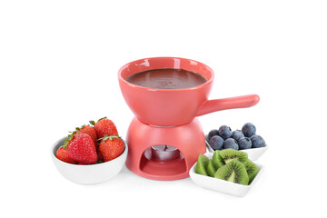 Fondue pot with melted chocolate, fresh berries and kiwi isolated on white