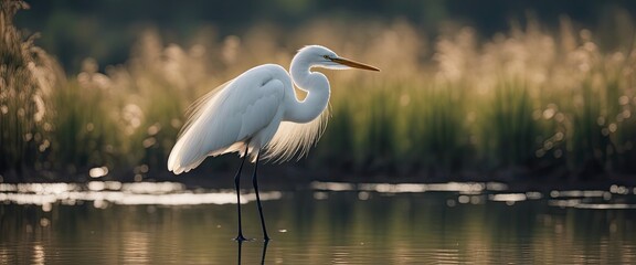 Obraz premium A great egret alongside its reflection in the water