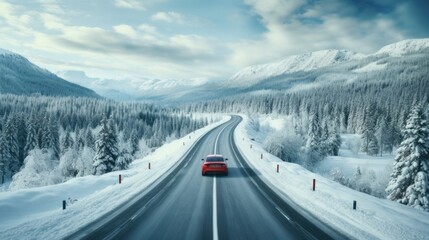 Red car driving on winding road through snowy forest, toning blue. - obrazy, fototapety, plakaty