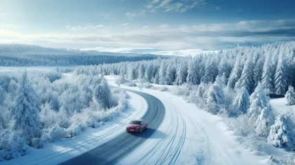 Fotobehang Red car driving on winding road through snowy forest, toning blue. © sirisakboakaew