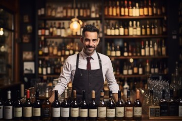 Sommelier Bartender man at wine shop full of bottles with alcohol drinks