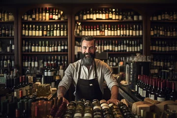 Foto op Canvas Sommelier Bartender man at wine shop full of bottles with alcohol drinks © sirisakboakaew