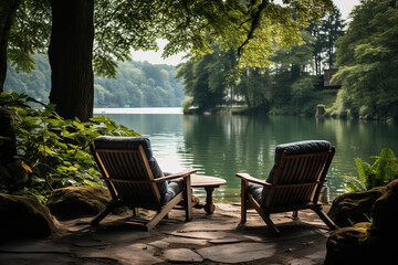 Fototapeta premium Two chairs for relaxing on the bank of a calm river in the forest. Camping, recreation. Generated by artificial intelligence