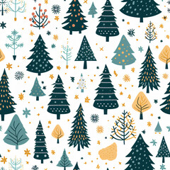 Fototapeta premium Abstract seamless pattern tile background wallpaper. Merry Christmas theme in vibrant colors. Festival holiday happiness concept of Christmas tree, gift, star, snow, and winter on a white background.