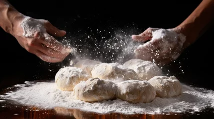 Tuinposter White powder floating on The pastry chef applauds and prepares yeast dough for pizza pasta © sirisakboakaew