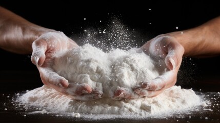 White powder floating on The pastry chef applauds and prepares yeast dough for pizza pasta