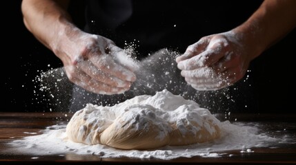 White powder floating on The pastry chef applauds and prepares yeast dough for pizza pasta