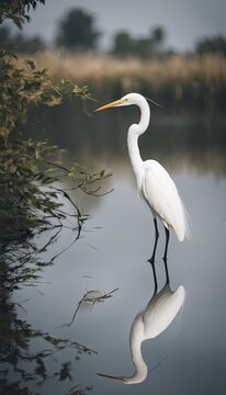 A great egret alongside its reflection in the water