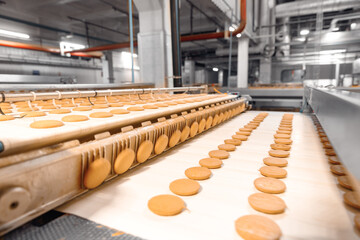 Conveyor line for production cookies at confectionery factory. Modern plant for biscuit.