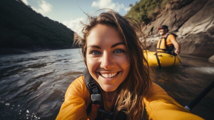 Woman whitewater river rafting, selfie closeup, canoe, kayak, paddling, extreme sports.
