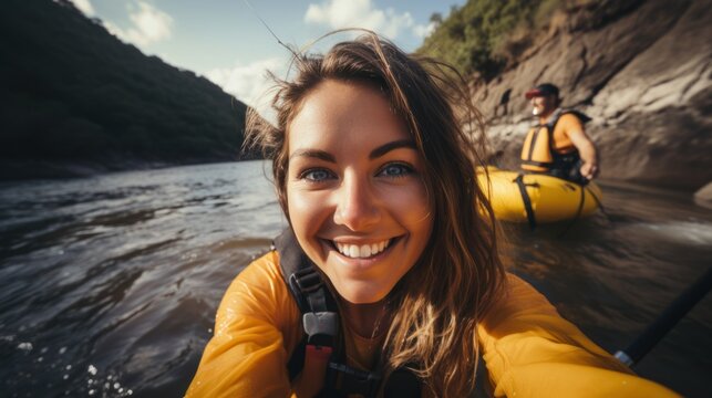 Woman whitewater river rafting, selfie closeup, canoe, kayak, paddling, extreme sports.