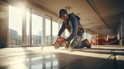 Worker uses drill, Construction builder cuts concrete floor for electrical cable. Install underfloor heating