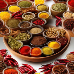 Different kinds of spices and herbs repeat pattern flat lay, Indian food cooking mix kitchen table top seasoning colorful variety