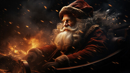 Naklejka premium Funny Santa with white beard riding a deer cart and hurry in Christmas gift delivery at night in snowy background 