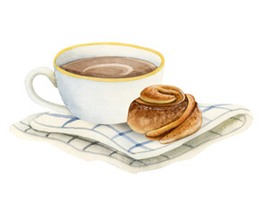 Coffee cup with cappuccino and cinnamon roll bun on white striped napkin watercolor isolated illustration for menus, invitations