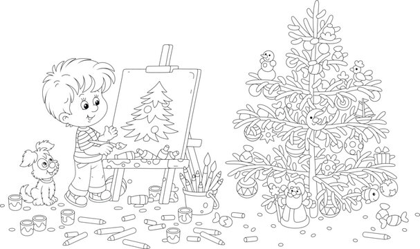 Happy little boy with his merry pup drawing a beautiful Christmas tree decorated with holiday toys, balls and sweets, black and white outline vector cartoon illustration for a coloring book