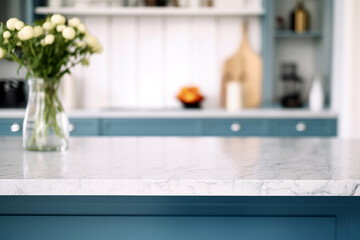 White marble countertop in modern blue kitchen interior with vase of flowers background. High quality photo - obrazy, fototapety, plakaty