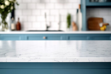Closeup of white marble countertop in modern kitchen blue with blurred background. High quality photo