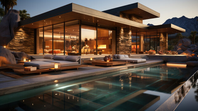 Nestled in the heart of the desert, the modern villa stands as an oasis of luxury against the arid landscape.
