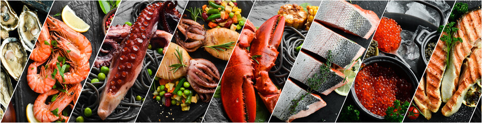 Collage. Fish and seafood. Seafood dishes. On a black stone background.
