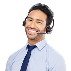 Call center, crm and Asian man portrait with telemarketing conversation and work discussion....