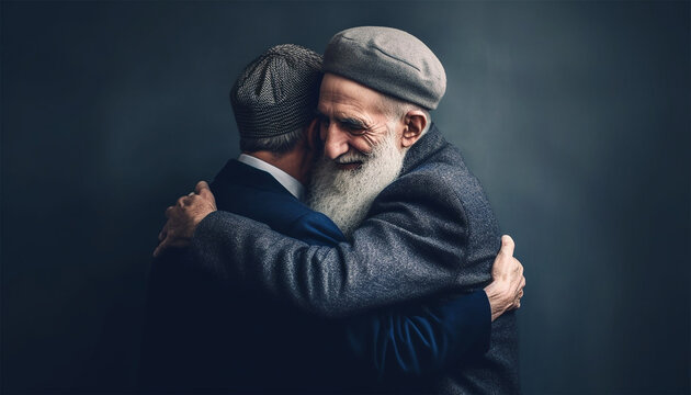 Two muslim man hugging and smiling. Eid mubarak concept. Islam friends or business parnerts embracing each other. Arabic men having warm meeting