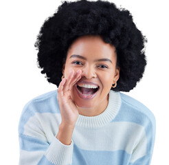 Secret, hands and portrait of black woman with whisper emoji on isolated, transparent and png background. Confidential, news and face of lady model with quiet announcement, gossip or drama promotion