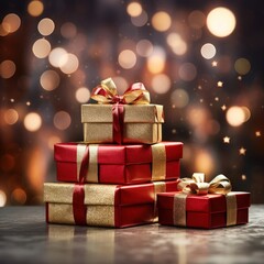 Compose a captivating image of a delectable gift boxs set against a festive Christmas bokeh background
