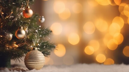 Fototapeta na wymiar Decorated Christmas tree on a blurred background