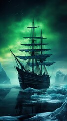 Pirate ship on ice and an iceberg at night with the aurora in the sky