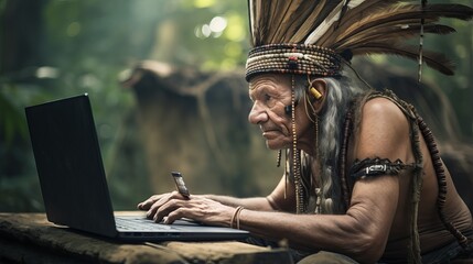 Fototapeta premium Indigenous Man in Traditional Headdress Using Modern Laptop in Dense Jungle
