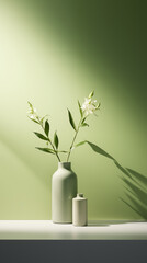 Photo vertical closeup of a white vase with lilyes on the table under the lights against a light green background