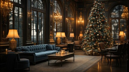 Fototapeta na wymiar Luxury interior with sofa and Christmas tree. Interior design on New Year's Eve and Christmas. 