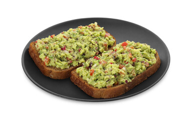 Slices of bread with tasty guacamole isolated on white