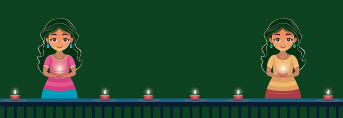 Happy Diwali poster with cute Indian girls holding oil lamp celebrating Deepavali festival, horizontal Diya Deepawali empty background advertisement banner