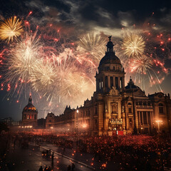 New year fireworks in Mexico city. Generative ai  - obrazy, fototapety, plakaty