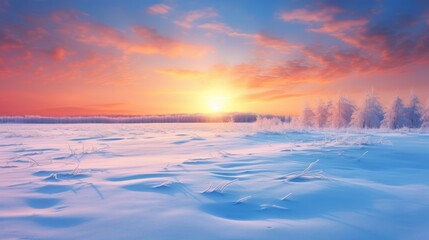Fototapeta premium Beautiful winter landscape. Sunrise over the frozen lake. Dramatic sky.
