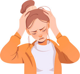 The woman suffers from headaches and migraines. Symptoms of a viral disease. character in the cartoon style.