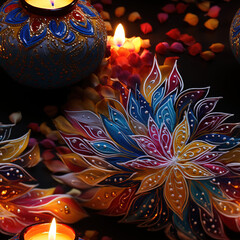Rangoli Diwali repeat pattern colorful India mandala folk art traditional decoration holiday art and lamp, Hinduism spirituality