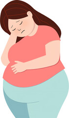 Fat woman looking and touching her belly in flat design. Overweight lady worrying about her body shape.