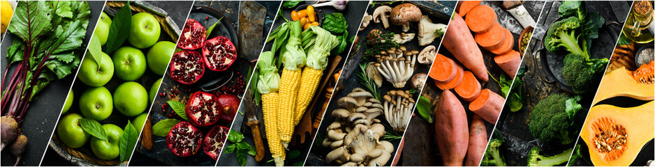 Photo collage from different food photos. Set of fresh vegetables, fruits and organic healthy food....
